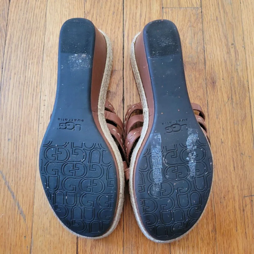 UGG 11 Brown Leather Espadrille Wedge‎ Sandals Open Toe 1000479 ADDYSON